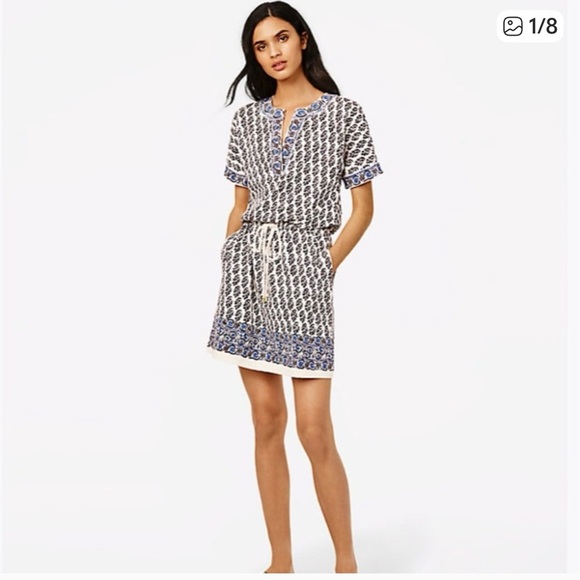 Tory Burch Amara Short Sleeve Graphic Print Cotton Dress Ivory Guru Medium - Picture 13 of 13